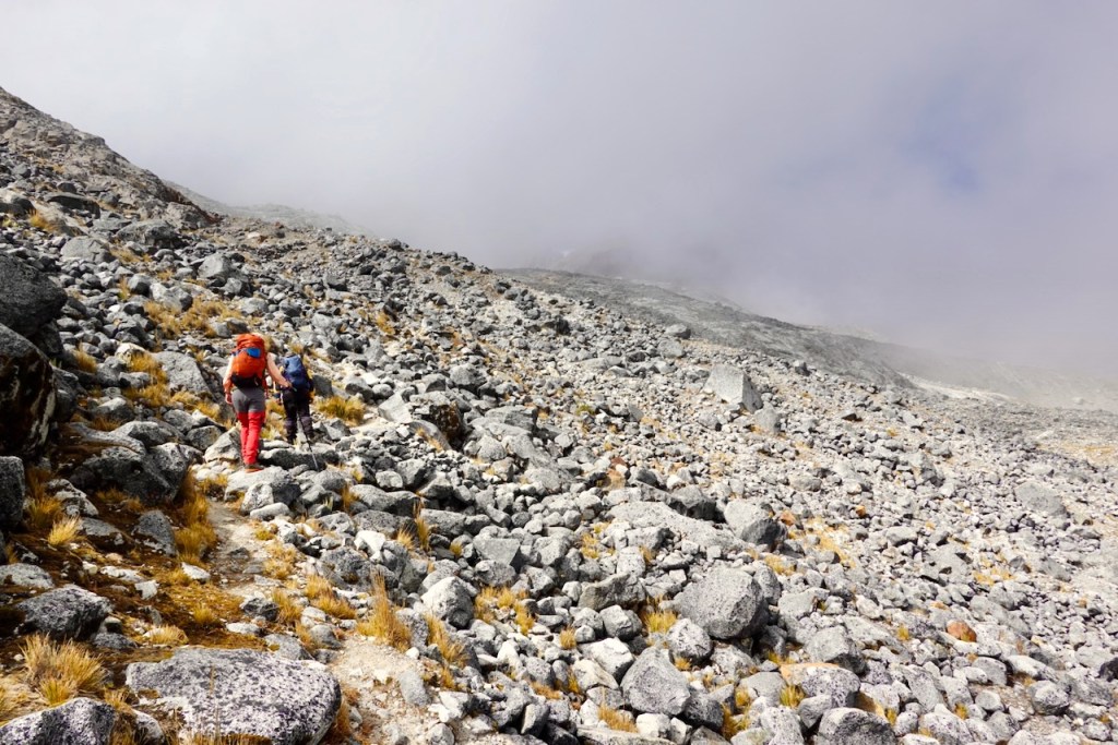 Two hikers navigating a rocky path on a mountainous terrain, surrounded by fog and sparse vegetation.