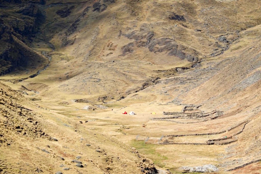 A remote valley featuring green grass and rocky terrain, with colorful tents set up amidst the landscape, and horses grazing nearby.