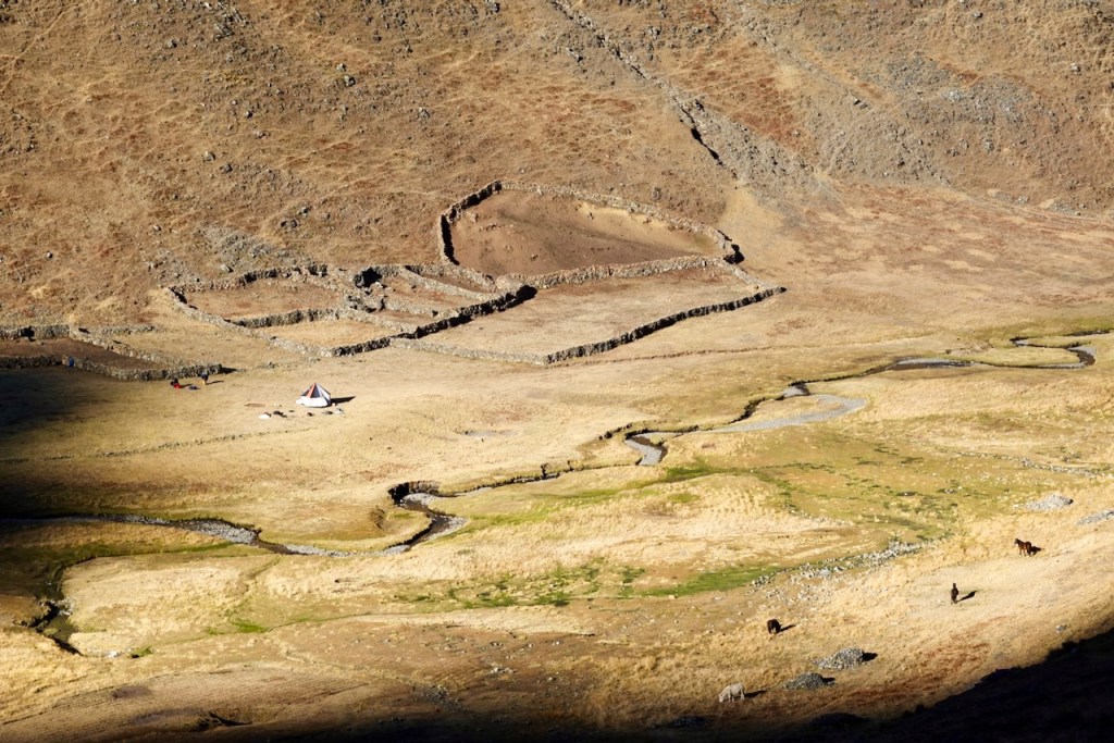 A panoramic view of a dry landscape featuring a small camping tent, stone walls, a meandering stream, and grazing horses.