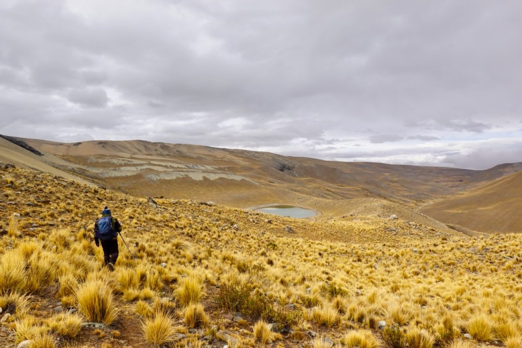 A person hiking through an open, grassy landscape with yellow foliage and a small lake in the background, under a cloudy sky.