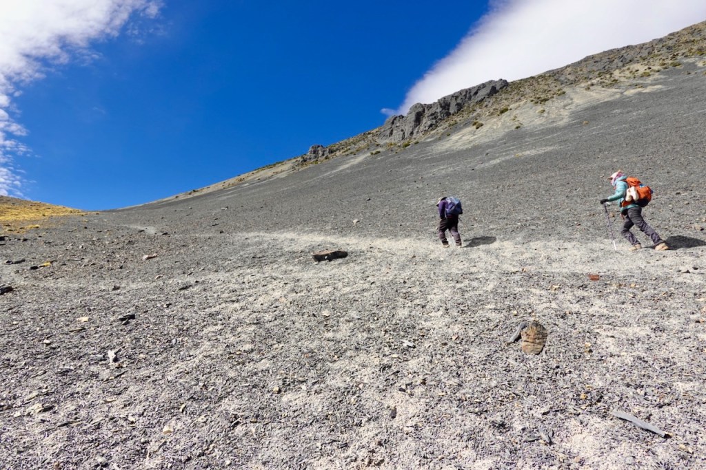 Two hikers ascending a rocky, sloped terrain under a clear blue sky.