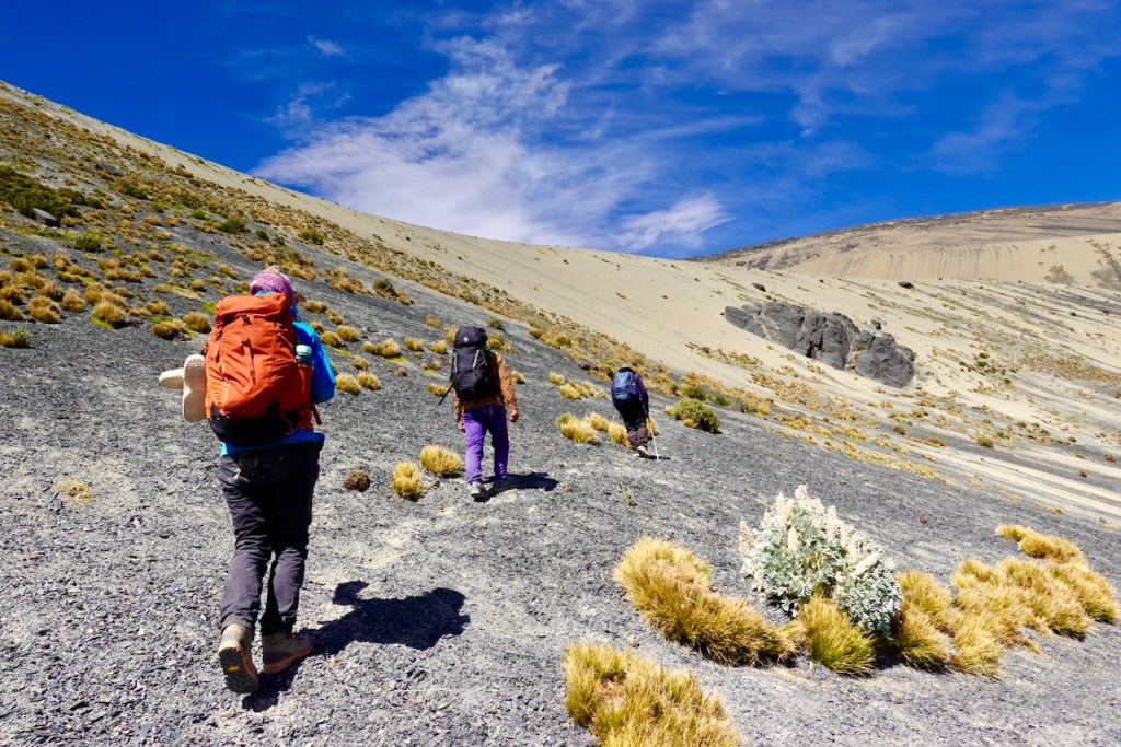 Group of hikers ascending a rocky slope in a mountainous landscape with sparse vegetation and a clear blue sky.