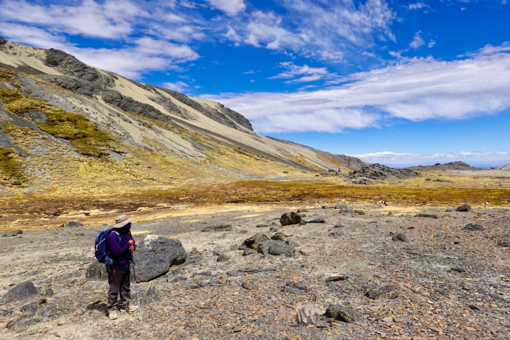 Hiker standing on rocky terrain with dry grass and shrubs, surrounded by steep mountains under a blue sky with scattered clouds.