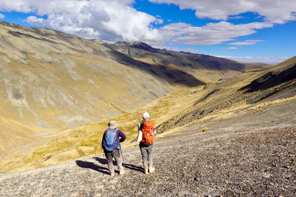 Two hikers overlooking a vast mountainous valley under a blue sky with scattered clouds.