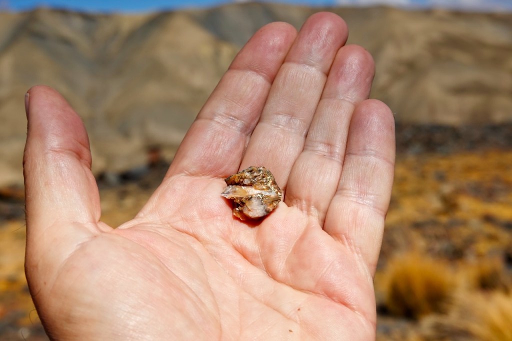 A person's hand holding a small, rough rock against a blurred outdoor background of hills and vegetation.