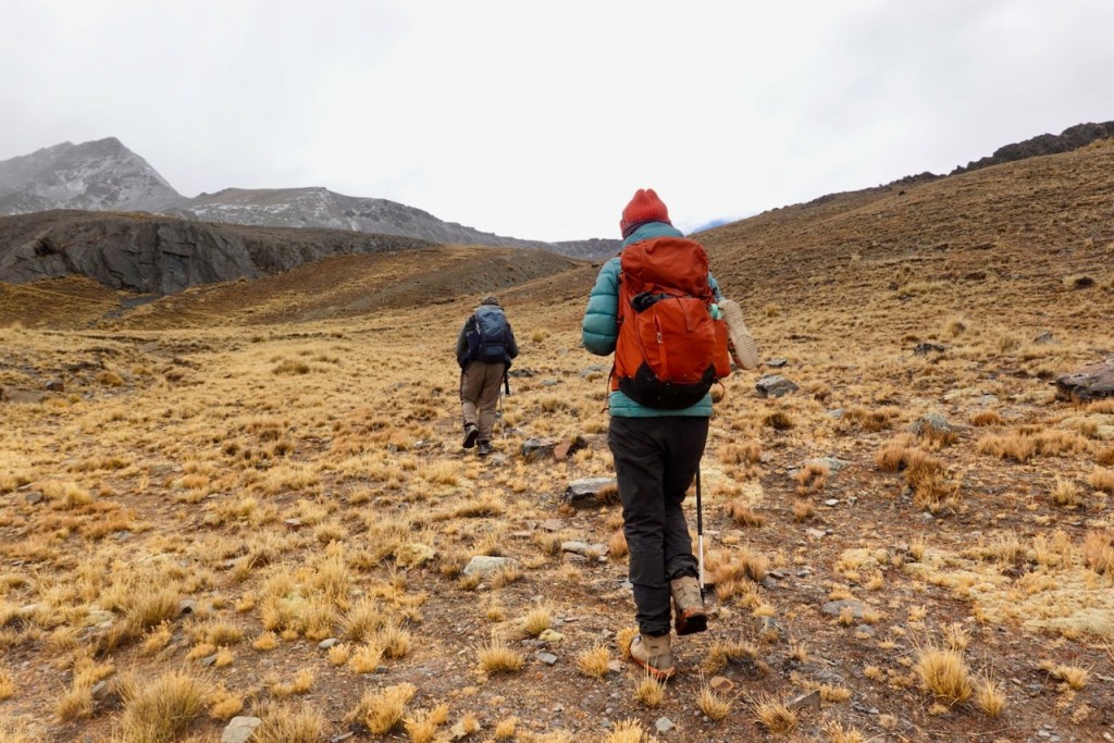 Two hikers walking on a rugged, grassy terrain in a mountainous landscape. One hiker is wearing a bright orange backpack and a red hat, while the other has a darker backpack.