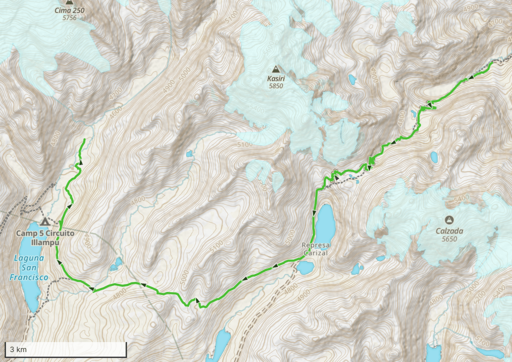 Topographic map featuring a hiking route in the Andes, marked by a green line, with elevation contours and lakes labeled.