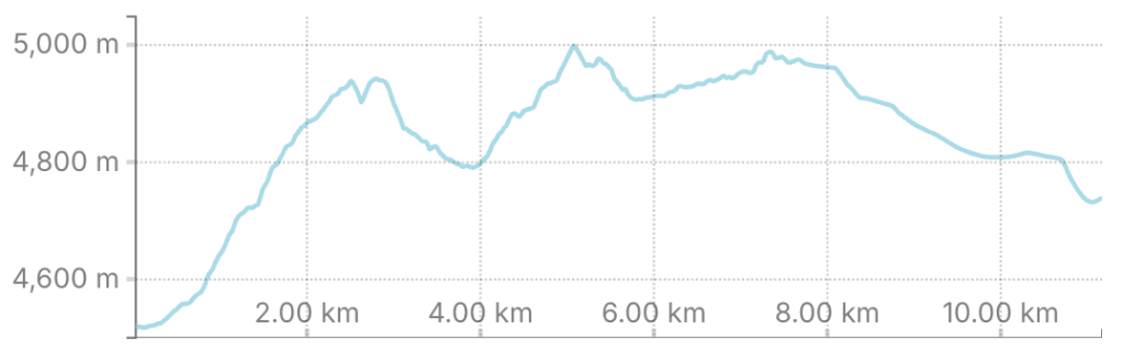 Graph displaying elevation profile over a 10 km distance, with altitudes ranging from 4,600 m to 5,000 m.