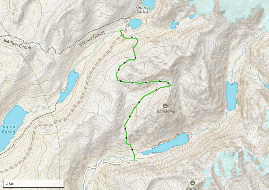Topographic map showing the Illampu Circuit with a highlighted green trail, surrounding lakes, and elevation lines.