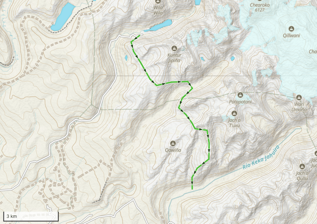 A topographic map showing a hiking route marked in green, with contour lines indicating elevation changes. The area includes several geographic features and names, such as lakes and rivers, in a mountainous landscape.