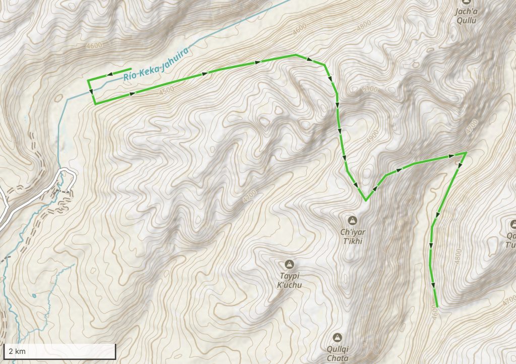 Topographic map showing the route along Río Kekarjhuira with elevation contour lines and marked locations.