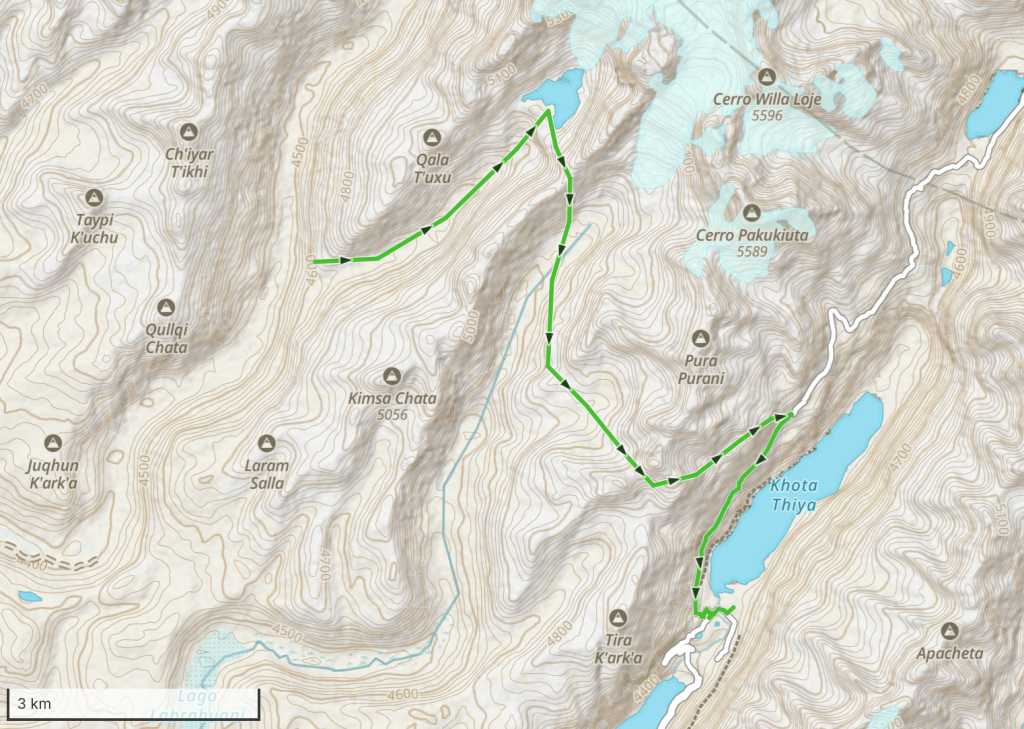 Topographic map showing various mountain peaks and trails in a mountainous region, with contour lines and labels for key landmarks.