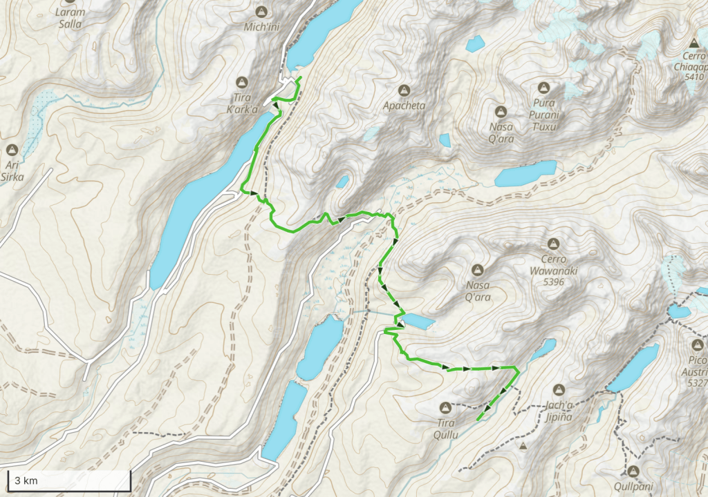 Topographic map showing a hiking route marked in green, with geographic features and location names labeled.