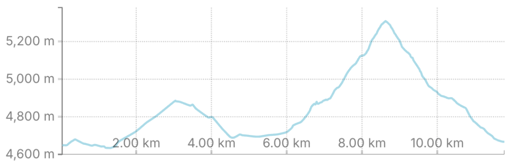 A line graph depicting elevation changes over a distance of 10 kilometers, ranging from 4,600 meters to 5,200 meters.