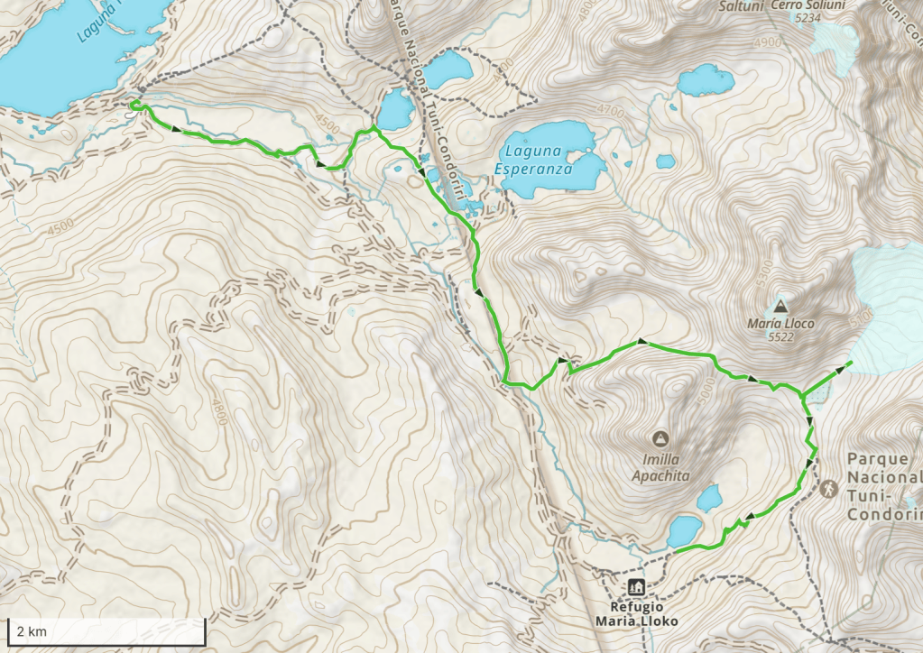 Topographic map showing hiking trails and elevation contours in a mountainous region, with nearby lakes and points of interest labeled.