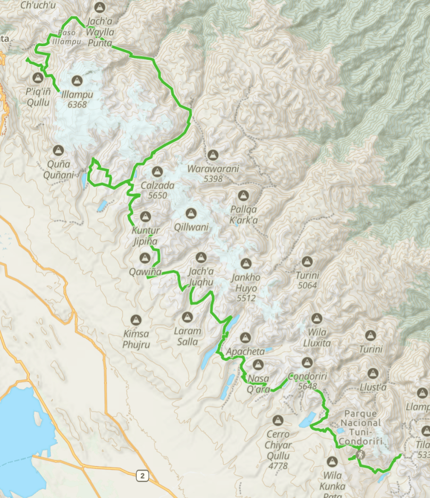 Topographic map showing a hiking trail in the Andes, marked in green, with labeled peaks and geographic features.
