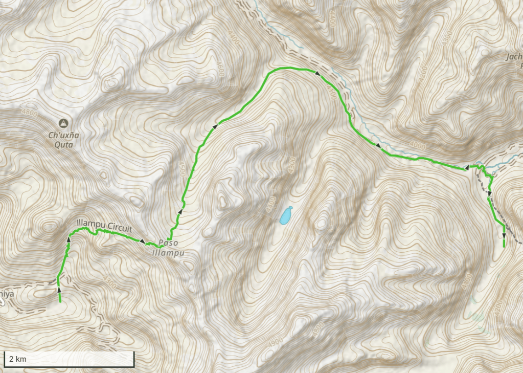 Topographic map showing the Illampu Circuit trail, elevation contours, and key locations such as Ch'uxña Quta and Paso Illampu.
