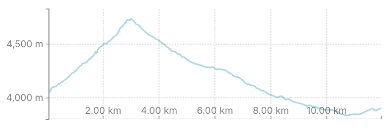 Line graph showing elevation changes over a 10 km distance, with a peak at approximately 4,500 meters.