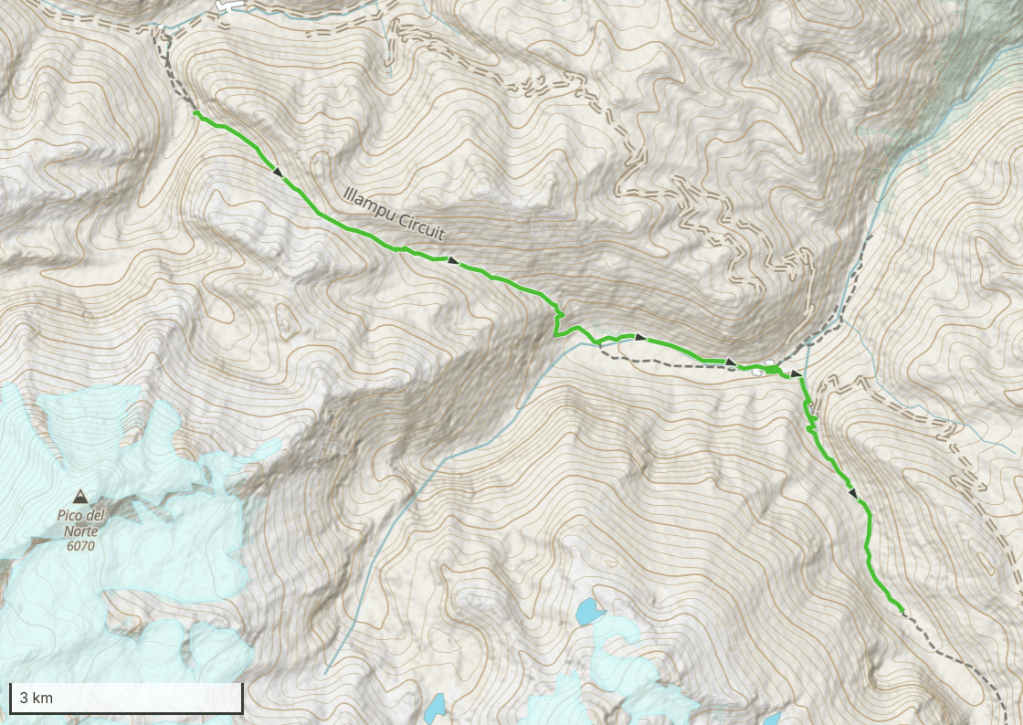 Topographic map showing the Illampu Circuit trail with elevation contours and nearby lakes.