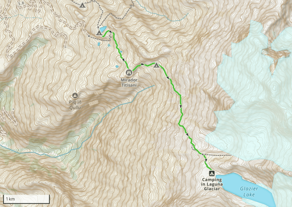 Topographic map showing a hiking route leading to Mirador Titisaní and Camping in Laguna Glaciar, with contour lines, water bodies, and distance scale.